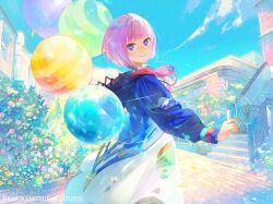Rule 34 | 1girl, awning, balloon, blue eyes, blue jacket, blue sky, building, bush, character name, closed mouth, cloud, commentary request, copyright name, copyright notice, day, dress, flower, from side, holding, holding balloon, hood, hood down, hooded jacket, jacket, kaf (kamitsubaki studio), kamitsubaki studio, light particles, long hair, long sleeves, looking at viewer, looking to the side, low twintails, maeya susumu, multicolored eyes, outdoors, pink flower, pink hair, red eyes, sett, sky, smile, solo, standing, town, twintails, virtual youtuber, white dress, yellow pupils
