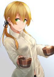 Rule 34 | 1girl, absurdres, anchor hair ornament, bad id, bad pixiv id, blonde hair, bowl, bralines, breast pocket, commentary request, cowboy shot, dress shirt, gradient background, green eyes, grey background, hair ornament, highres, kantai collection, kumanoko, long hair, long sleeves, looking at viewer, pocket, prinz eugen (kancolle), see-through, shirt, smile, solo, standing, twintails, wet, wet clothes, wet shirt, white background