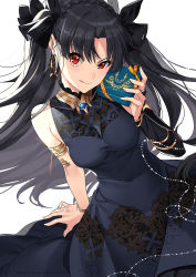 Rule 34 | black dress, black hair, bracket, chocolate, commentary, dress, earrings, fate/grand order, fate (series), hair ribbon, highres, ishtar (fate), jewelry, licking lips, long hair, looking at viewer, red eyes, ribbon, simple background, solo, tongue, tongue out, twintails, valentine, white background, yaoshi jun