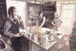 Rule 34 | 1girl, 2boys, ^ ^, antique phone, aoin, black hair, black necktie, blouse, bottle, bowl, cake, checkered floor, chef, closed eyes, collared shirt, cooking, corded phone, cup, day, floor, food, grin, hair bun, highres, holding, indoors, kettle, kitchen, knife, milk carton, multiple boys, necktie, original, pastry, phone, plate, red eyes, rotary phone, saucer, shirt, single hair bun, sleeves rolled up, smile, spill, standing, sunlight, sweatdrop, teapot, vest, waistcoat, whisk, white hair, white shirt
