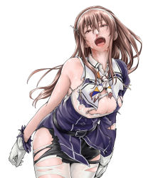 Rule 34 | 10s, 1girl, ashigara (kancolle), ashigara kai ni (kancolle), bare shoulders, blood, breasts, brown eyes, brown hair, cleavage, gloves, hairband, highres, kantai collection, large breasts, leaning forward, long hair, looking at viewer, nujima, open mouth, skirt, solo, standing, torn clothes, uniform, wavy hair