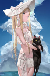Rule 34 | 1girl, abigail williams (fate), abigail williams (swimsuit foreigner) (fate), abigail williams (swimsuit foreigner) (third ascension) (fate), bare shoulders, bikini, black cat, blazpu, blonde hair, blue eyes, blue sky, bonnet, bow, breasts, cat, fate/grand order, fate (series), forehead, hair bow, highres, long hair, miniskirt, navel, ocean, parted bangs, sidelocks, skirt, sky, small breasts, swimsuit, twintails, very long hair, white bikini, white bow, white headwear