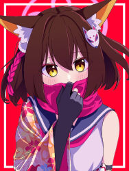 Rule 34 | 1girl, animal ears, blue archive, blush, brown hair, covering own mouth, fox ears, fox hair ornament, gloves, halo, highres, izuna (blue archive), karon (karon cha), partially fingerless gloves, red background, sailor collar, scarf, scarf over mouth, single sleeve, solo, yellow eyes