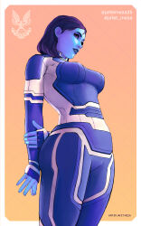 Rule 34 | 1girl, blue bodysuit, blue lips, blue skin, bodysuit, border, colored skin, commentary, english commentary, hair behind ear, halo (series), halo infinite, head tilt, highres, holding own arm, jafet meza, leaning back, medium hair, outside border, parted lips, red eyes, solo, the weapon (halo infinite), two-tone bodysuit, white bodysuit, white border