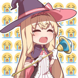 Rule 34 | 1girl, artist request, blonde hair, blush, brooch, cape, closed eyes, crying, crying emoji, dress, emoji, gloves, hairband, hat, highres, holding, holding staff, jewelry, little witch nobeta, long hair, nobeta, official art, open mouth, puddle, solo, staff, streaming tears, tearing up, tears, uohhhhhhhhh! (meme), upper body, white gloves, witch hat