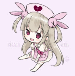 Rule 34 | &gt; &lt;, 1girl, :d, apron, armband, bad id, bad pixiv id, bandaged arm, bandages, blush stickers, brown hair, capriccio, character name, chibi, collared shirt, commentary request, dated, full body, hair ornament, hat, long hair, looking at viewer, natori sana, no shoes, nurse cap, open mouth, pink apron, pink background, pink hat, pleated skirt, puffy short sleeves, puffy sleeves, purple eyes, rabbit hair ornament, sana channel, shirt, short sleeves, signature, sitting, skirt, smile, solo, thighhighs, two side up, very long hair, virtual youtuber, white shirt, white skirt, white thighhighs