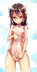 Rule 34 | 1girl, :p, black hair, calpish, competition swimsuit, grey horns, hand on own chest, headgear, highres, horns, kijin seija, looking at viewer, nail polish, one-piece swimsuit, red eyes, red nails, short hair, skin tight, solo, swimsuit, tongue, tongue out, touhou, undressing, unzipping, water, wet, white one-piece swimsuit, zipper
