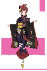 Rule 34 | 1girl, absurdres, black kimono, brown eyes, brown hair, character name, copyright name, full body, hair ornament, hairpin, highres, japanese clothes, kimono, long sleeves, obi, page number, platform clogs, sash, solo, tabi, white legwear, wide sleeves, yuugiri (zombie land saga), yuuta (yuuta0312), zombie land saga