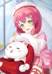 Rule 34 | 1girl, absurdres, dksotti, green eyes, hat, highres, hololive, long sleeves, looking at viewer, medium hair, open mouth, pink hair, sakura miko, smile, solo, virtual youtuber