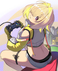 Rule 34 | 1girl, :3, ass, bfg 9000, black sports bra, blonde hair, breasts, butt crack, clothing cutout, controller, crop top, crop top overhang, cropped sweater, doom (2005 movie), doom (series), elegg (nikke), exposed pocket, fang, fanny pack, fingerless gloves, game controller, gloves, goddess of victory: nikke, grey shorts, hair intakes, hair over one eye, highres, holding, holding controller, holding game controller, large breasts, long bangs, looking back, multicolored clothes, multicolored gloves, multicolored hair, playing games, polka dot, polka dot background, projected inset, purple eyes, shorts, shoulder cutout, sitting, solo, sports bra, suspender shorts, suspenders, syope, thigh strap, two-tone hair