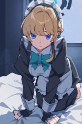Rule 34 | 1girl, absurdres, all fours, apron, aqua bow, aqua bowtie, asia (aji19081), bed sheet, black dress, black gloves, blonde hair, blue archive, blue eyes, blue halo, blue ribbon, bow, bowtie, braid, breasts, closed mouth, collared dress, commentary, dress, expressionless, fingerless gloves, french braid, frilled apron, frills, gloves, hair intakes, hair ribbon, halo, highres, indoors, juliet sleeves, long sleeves, looking at viewer, maid, maid apron, maid headdress, mechanical halo, medium breasts, on bed, puffy sleeves, ribbon, solo, swept bangs, toki (blue archive), white apron