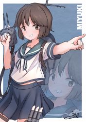 Rule 34 | 1girl, absurdres, adapted turret, black hair, blue neckerchief, blue sailor collar, blue skirt, brown eyes, brown hair, cannon, character name, commentary request, contrail, cowboy shot, grin, highres, kantai collection, looking at viewer, machinery, miyuki (kancolle), neckerchief, pointing, sailor collar, school uniform, serafuku, short hair, skirt, smile, solo, teisei sagishi, turret, zoom layer