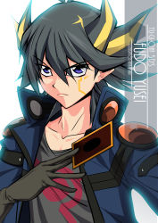 Rule 34 | 1boy, artist name, black gloves, black hair, black shirt, blue jacket, card, character name, closed mouth, commentary request, copyright name, english text, fudo yusei, gloves, hair between eyes, highres, holding, inaba shiki, jacket, purple eyes, shirt, solo, spiked hair, upper body, yu-gi-oh!, yu-gi-oh! 5d&#039;s