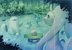 Rule 34 | alternate color, arms up, bush, celebi, closed eyes, closed mouth, commentary request, creatures (company), day, forest, froakie, game freak, gen 1 pokemon, gen 2 pokemon, gen 3 pokemon, gen 6 pokemon, goodra, goomy, grass, green eyes, legendary pokemon, lotad, mythical pokemon, nature, nintendo, no humans, okowa 0141, open mouth, outdoors, pokemon, pokemon (creature), poliwag, quagsire, sharp teeth, shiny and normal, shiny pokemon, smile, splashing, teeth, toes, tongue, totodile, tree, water, wooper