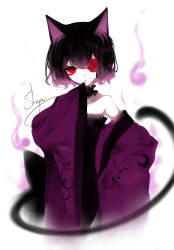 Rule 34 | 1girl, absurdres, animal ears, artist name, bare shoulders, black dress, black hair, black neckwear, blurry, blurry background, cat, cat ears, cat tail, cloak, dress, flower, hair between eyes, highres, looking at viewer, one eye covered, original, purple cloak, red eyes, red flower, red rose, revision, rose, sheya, short hair, signature, simple background, solo, tail, upper body, white background, wide sleeves