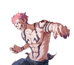 Rule 34 | 1boy, abs, black nails, black plume, body markings, collarbone, extra eyes, facial mark, fangs, fingernails, highres, jujutsu kaisen, looking at viewer, male focus, muscular, muscular male, open mouth, pink hair, red eyes, ryoumen sukuna (jujutsu kaisen), sharp fingernails, short hair, simple background, smile, solo, topless male, upper body, white background