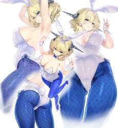 Rule 34 | 1girl, animal ears, armpits, arms up, ass, blonde hair, blue eyes, blue pantyhose, braid, breasts, cameltoe, colorado (kancolle), commentary request, crown braid, fake animal ears, fake tail, fishnet pantyhose, fishnets, headgear, high heels, highleg, highleg leotard, kantai collection, kiyama satoshi, large breasts, leotard, looking at viewer, multiple views, pantyhose, playboy bunny, rabbit ears, rabbit tail, short hair, tail, v, white background, white footwear, white leotard, white wrist cuffs, wrist cuffs