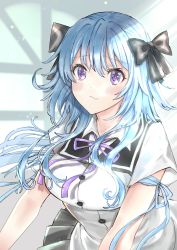 Rule 34 | 1girl, absurdres, arm ribbon, assault lily, black bow, black sailor collar, black skirt, blue hair, blue ribbon, blurry, blurry background, blush, bow, breasts, bright pupils, buttons, closed mouth, collared shirt, commentary, day, fang, floating hair, hair between eyes, hair bow, highres, indoors, light particles, light smile, long hair, looking at viewer, medium breasts, mori tatsuki, neck ribbon, outstretched arms, pohjola, purple eyes, purple ribbon, raised eyebrows, ribbon, sailor collar, school uniform, serafuku, shade, shirt, short sleeves, sidelocks, skin fang, skirt, solo, standing, sunlight, upper body, white pupils, white shirt, window shadow