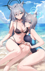Rule 34 | 2girls, absurdres, ahoge, alternate costume, animal ear fluff, animal ears, bare legs, barefoot, beach, bikini, black bikini, black choker, blue archive, blush, breasts, choker, cleavage, collarbone, competition swimsuit, covered navel, cross hair ornament, dual persona, expressionless, feet out of frame, fingernails, grey hair, hair ornament, halo, halterneck, highres, horizon, large breasts, looking at viewer, medium breasts, mismatched pupils, multiple girls, navel, official alternate costume, one-piece swimsuit, outdoors, ponytail, shiroko (blue archive), shiroko (swimsuit) (blue archive), shiroko terror (blue archive), sideboob, sitting, stomach, string bikini, swimsuit, toi1et paper, two-tone one-piece swimsuit, wolf ears