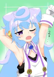 Rule 34 | 1boy, absurdres, armpits, arms up, artist request, blue hair, blush, gloves, hacka doll, hacka doll 3, highres, long hair, male focus, one eye closed, open mouth, purple eyes, solo, trap