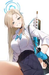 Rule 34 | 1girl, absurdres, asuna (blue archive), black collar, blonde hair, blue archive, blue eyes, blue halo, blue ribbon, blue scrunchie, blue sky, breasts, collar, commentary request, earrings, glow (user hnpv7785), grin, gun, halo, highres, jewelry, korean commentary, large breasts, long hair, long sleeves, looking at viewer, looking down, machine gun, pleated skirt, ribbon, scrunchie, shirt, shirt tucked in, simple background, skirt, sky, smile, solo, weapon, white background, white shirt, wrist scrunchie