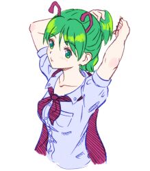 Rule 34 | 1girl, aged up, antennae, aqua eyes, aqua pupils, arms up, blue shirt, breast pocket, buttons, closed mouth, collarbone, collared shirt, dress shirt, eyelashes, green hair, hair between eyes, hair tie, highres, holding, holding own hair, pocket, puffy short sleeves, puffy sleeves, shirt, short hair, short sleeves, simple background, solo, touhou, tying hair, white background, wriggle nightbug, zawabug