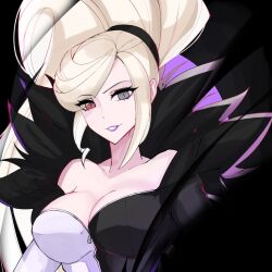 Rule 34 | 1girl, black &amp; white, blonde hair, breasts, cleavage, eyebrows, eyelashes, feathered collar, hair ribbon, heterochromia, hilda (under night in-birth), large breasts, lipstick, long hair, looking at viewer, makeup, ponytail, red eyes, ribbon, sidelocks, smile, under night in-birth, zipper