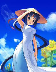 Rule 34 | 1girl, blue eyes, blue hair, blush stickers, china dress, chinese clothes, cloud, day, dress, flower, hair ribbon, hand on headwear, hat, impossible clothes, impossible dress, long hair, looking at viewer, matching hair/eyes, midriff, ponytail, ribbon, rice hat, sikorsky, sky, smile, solo, straw hat, sunflower, sweatdrop, very long hair, vietnamese dress, wind, yellow hat