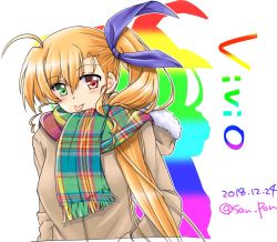 Rule 34 | 1girl, :p, ahoge, alternate costume, blonde hair, blue ribbon, blush, brown coat, casual, character name, coat, commentary request, dated, green eyes, hair ribbon, heterochromia, hood, hood down, hooded coat, long hair, lyrical nanoha, mahou shoujo lyrical nanoha strikers, mahou shoujo lyrical nanoha vivid, aged up, rainbow gradient, rainbow scarf, red eyes, ribbon, san-pon, scarf, side ponytail, solo, tongue, tongue out, twitter username, upper body, very long hair, vivio, white background