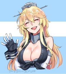 Rule 34 | 10s, 1girl, bare shoulders, blonde hair, blue eyes, breasts, cleavage, elbow gloves, fingerless gloves, gloves, iowa (kancolle), kantai collection, ko-on (ningen zoo), large breasts, long hair, looking at viewer, open mouth, aliasing, smile, solo, upper body, waving