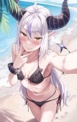 Rule 34 | 1girl, absurdres, aged up, ahoge, beach, bikini, black bikini, blush, bracelet, breasts, day, fang, fang out, frilled bikini, frills, green tea (greente42869067), grey hair, highres, hololive, horns, jewelry, la+ darknesss, long hair, looking at viewer, navel, outdoors, palm tree, pointy ears, purple hair, small breasts, smile, solo, swimsuit, tail, tree, virtual youtuber, yellow eyes
