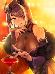 Rule 34 | 1girl, alcohol, breasts, dress, earrings, epic seven, green eyes, highres, horns, jewelry, large breasts, looking at viewer, margarita, mole, mole on breast, mole under eye, multicolored hair, pale skin, purple hair, rein00, ring, smile, solo, vivian (epic seven), white hair