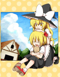 Rule 34 | 2girls, animal, animal hug, apron, black dress, blonde hair, blue sky, bow, braid, cat, closed eyes, cloud, day, dress, female focus, forest, gimicalmas, hair ribbon, hands on another&#039;s head, hat, hat bow, house, interlocked fingers, kirisame marisa, kneeling, long hair, mary janes, multiple girls, nature, open mouth, puffy sleeves, red footwear, ribbon, rumia, shoes, short sleeves, single braid, sitting, sky, smile, touhou, waist apron, witch hat, yellow eyes