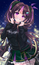 1girl akirappy black_sweater brown_hair commentary_request frilled_skirt frills grabbing_own_hair hair_ornament head_tilt highres long_hair monster_strike multicolored_hair nightmare_(monster_strike) partial_commentary polka_dot_hair purple_eyes purple_hair skirt smile sweater teeth twintails