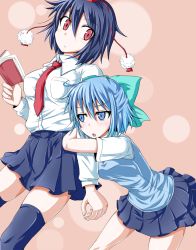 Rule 34 | 2girls, :o, alternate costume, arm hug, black hair, blue eyes, blue hair, blush, book, bow, cirno, contemporary, dress shirt, facing away, frown, hair bow, hat, kirino souya, leaning forward, long sleeves, looking at viewer, multiple girls, necktie, open book, open mouth, pink background, pleated skirt, pom pom (clothes), red eyes, shameimaru aya, shirt, short hair, short sleeves, simple background, skirt, sweater vest, thighhighs, tokin hat, touhou