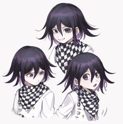 Rule 34 | 1boy, :o, absurdres, black eyes, black hair, bojue (hakus 1128), buttons, checkered clothes, checkered neckwear, checkered scarf, closed mouth, cropped torso, danganronpa (series), danganronpa v3: killing harmony, double-breasted, grey background, grin, hair between eyes, highres, jacket, long sleeves, looking at viewer, male focus, open mouth, oma kokichi, purple eyes, purple hair, scarf, shirt, short hair, smile, upper body