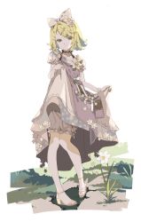 Rule 34 | 1girl, ankle strap, bad anatomy, blonde hair, bow, choker, dress, dress flower, flower, full body, green eyes, hair bow, hair ornament, hairclip, high heels, highres, kagamine rin, layered dress, looking at viewer, mitasarenai pale color (project sekai), na ta53, pinafore dress, project sekai, puffy short sleeves, puffy sleeves, sandals, shadow, short hair, short sleeves, skirt hold, sleeveless, sleeveless dress, solo, standing, swept bangs, white background, white bow
