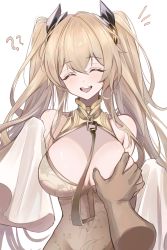 Rule 34 | 1boy, 1girl, ?, ??, absurdres, anchorage (azur lane), azur lane, blonde hair, blush, grabbing another&#039;s breast, breasts, cleavage, closed eyes, grabbing, highres, large breasts, long hair, long sleeves, open mouth, simple background, smile, solo focus, toki (rumukio)
