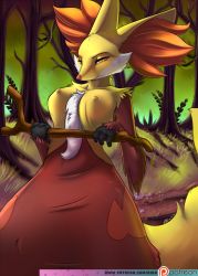 Rule 34 | 1girl, animal ears, artist name, breasts, covered erect nipples, creatures (company), dated, delphox, fox ears, fox tail, furry, furry female, game freak, gen 6 pokemon, grass, half-closed eyes, hands up, large breasts, logo, looking at viewer, nintendo, orange eyes, outdoors, patreon, pokemon, pokemon (creature), pokemon xy, rika (artist), signature, smile, solo, standing, stick, tail, text focus, tree, watermark, web address