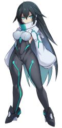 Rule 34 | 1girl, aqua eyes, black bodysuit, black hair, bodysuit, breasts, covered navel, full body, gundam, gundam build divers, gundam build divers re:rise, hair between eyes, highres, impossible bodysuit, impossible clothes, karukan (monjya), large breasts, long hair, looking at viewer, may (gundam build divers re:rise), shrug (clothing), skin tight, solo, very long hair, white background