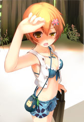 Rule 34 | 10s, 1girl, bag, bikini, blue bikini, breasts, cleavage, coin purse, collarbone, fang, floral print, front-tie bikini top, front-tie top, hair ornament, hairclip, half-closed eyes, highres, hoshizora rin, jewelry, love live!, love live! school idol festival, love live! school idol project, medium breasts, necklace, open mouth, orange hair, rods, sarong, shading eyes, short hair, shorts, solo, standing, swimsuit, tote bag, yellow eyes