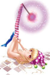 Rule 34 | 1girl, absurdres, alternate legwear, american flag legwear, blonde hair, breasts, clothes pull, clownpiece, dressing, full body, hat, highres, jester cap, leg up, long hair, looking at viewer, looking back, lying, nipples, nude, on back, pantyhose, pantyhose pull, polka dot, red eyes, shounen (hogehoge), simple background, small breasts, solo, striped clothes, striped pantyhose, thighhighs, torch, touhou, undressing, very long hair, white background
