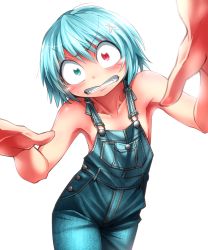 Rule 34 | &gt;:(, 1girl, anger vein, angry, bare arms, blue eyes, blush, breasts, clenched teeth, constricted pupils, cowboy shot, denim, dot nose, hair between eyes, heterochromia, looking at viewer, naked overalls, overalls, pocket, red eyes, shimizu pem, short hair, sideboob, slit pupils, solo, tatara kogasa, teeth, touhou, v-shaped eyebrows, white background