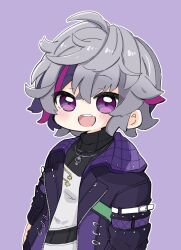 Rule 34 | 1boy, :d, absurdres, black jacket, black shirt, blush, commentary request, fuwa minato, grey hair, hair between eyes, highres, jacket, long sleeves, looking at viewer, male focus, multicolored hair, nijisanji, nozo (hitomiz), open clothes, open jacket, open mouth, outline, purple background, purple eyes, purple hair, shirt, simple background, smile, solo, streaked hair, teeth, upper body, upper teeth only, virtual youtuber, white outline