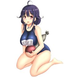 Rule 34 | 1girl, :d, ahoge, alternate costume, barefoot, blush, breasts, character name, from side, hair between eyes, hair flaps, highres, holding, holding torpedo, jewelry, kantai collection, large breasts, long hair, looking at viewer, low twintails, magatama, magatama necklace, montemasa, name tag, necklace, open mouth, parted bangs, purple hair, red eyes, school swimsuit, seiza, simple background, sitting, smile, solo, spread legs, swimsuit, taigei (kancolle), thighs, torpedo, twintails, white background