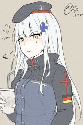 Rule 34 | 1girl, arm at side, beret, blunt bangs, blush, breasts, breath, buttons, cross hair ornament, cup, dated, drinking straw, eyes visible through hair, german flag, german text, girls&#039; frontline, green eyes, hair ornament, hair over shoulder, half-closed eyes, hat, highres, hk416 (girls&#039; frontline), holding, holding cup, jacket, long hair, looking at viewer, mango (mgo), shaded face, sidelocks, signature, silver hair, simple background, solo, standing, teardrop, tsurime, yandere