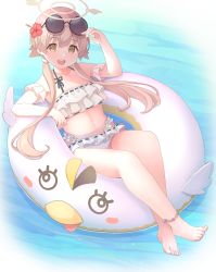 Rule 34 | barefoot, bikini, blue archive, breasts, cleavage, collarbone, eyewear on head, flower, frilled bikini, frills, hair between eyes, hair flower, hair ornament, halo, hifumi (blue archive), hifumi (swimsuit) (blue archive), highres, innertube, light brown hair, long hair, low twintails, navel, nomio, ocean, open mouth, peroro (blue archive), sitting, solo, sunglasses, swim ring, swimsuit, toes, twintails, white bikini, yellow eyes