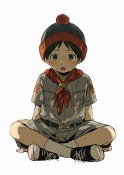 Rule 34 | 1boy, american flag, american flag print, animification, beanie, black footwear, black hair, blue eyes, boy scout, child, crossed legs, cub scout, facing viewer, flag print, hat, highres, light blush, looking at viewer, male focus, neckerchief, ooomigo11, open mouth, red neckerchief, scout uniform, short hair, short sleeves, shorts, simple background, sitting, socks, solo, south park, stan marsh, white background, white socks