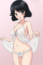 Rule 34 | 1girl, artist name, babydoll, babydoll lift, black eyes, black hair, bob cut, bow, breasts, cleavage, commentary, cowboy shot, dated, girls und panzer, gradient background, lifted by self, lingerie, looking at viewer, matsui yasutsugu, medium breasts, navel, one-hour drawing challenge, open mouth, panties, pink background, short hair, signature, skindentation, smile, solo, standing, string panties, swept bangs, underwear, utsugi yuuki, white panties