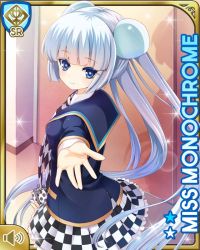 Rule 34 | 1girl, blue eyes, blue jacket, blunt bangs, card, character name, checker pattern, closed mouth, day, from behind, girlfriend (kari), indoors, jacket, miss monochrome, miss monochrome (character), necktie, official art, outstretched arm, qp:flapper, school, school uniform, shirt, skirt, smile, solo, tagme, thighhighs, twintails, white footwear, white hair, white shirt
